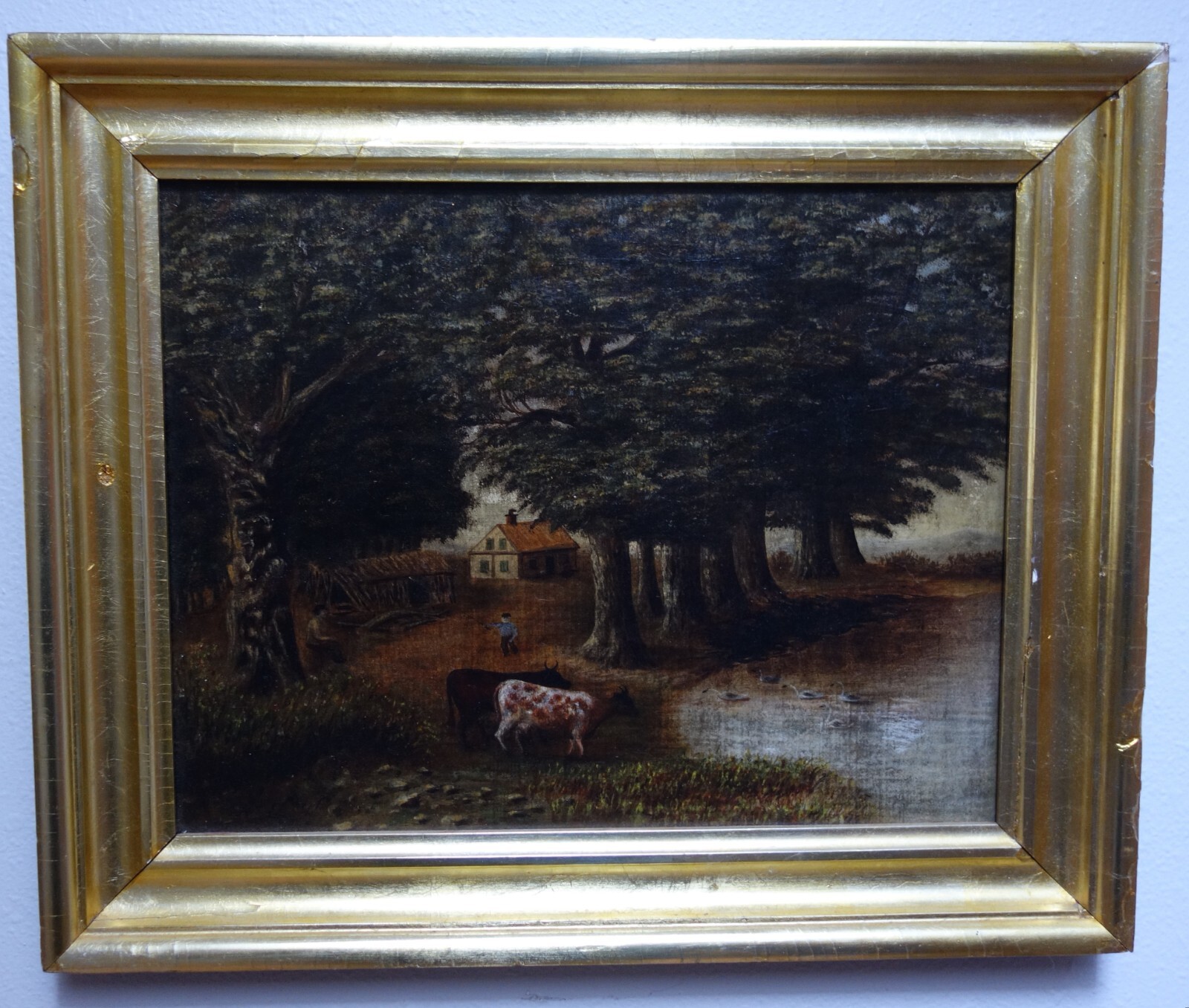 Original Antique Naive Oil Painting on Board Farm Scene Landscape with Cows