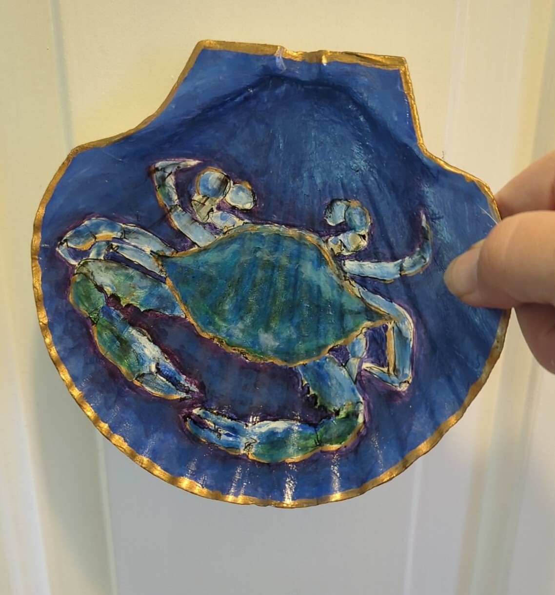 Hand Painted Art Blue Shell Crab on Scallop Seashell RAMFISH Artist