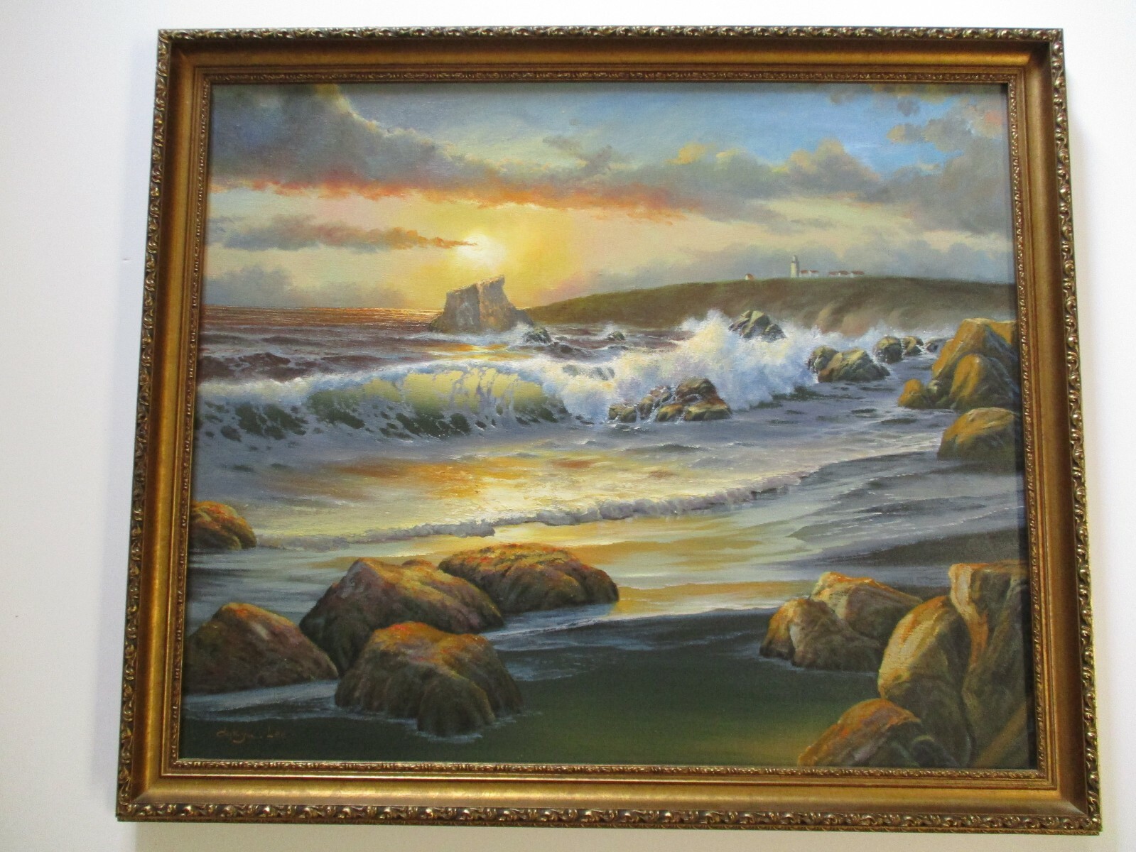 Coastal Sunset Beach Painting Landscape American Vintage Nautical Seascape Oil