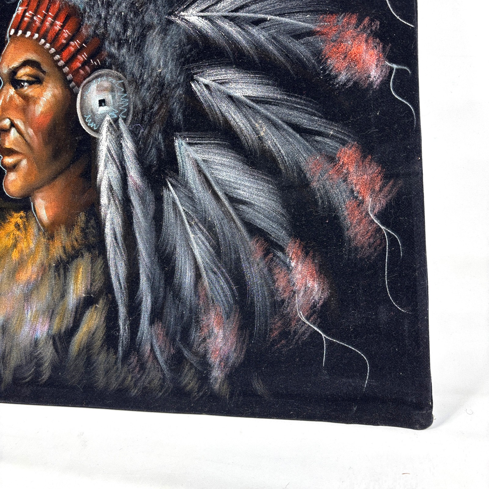 Vintage Black Velvet Painting Native American Indian Chief Portrait Unsigned Art
