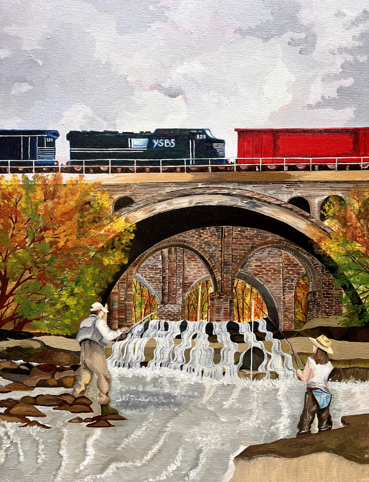 Original Oil Painting, 16×20 inches, Fishing, River, Bridge, Fall, Autumn.