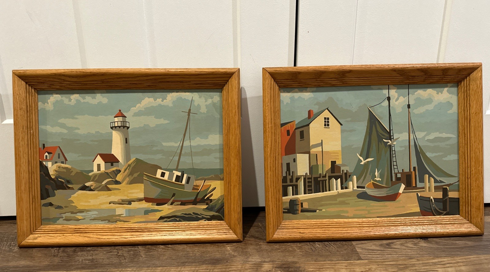 VTG Paint by Numbers Nautical Paintings Set of 2 Framed Lighthouse 12×16 in
