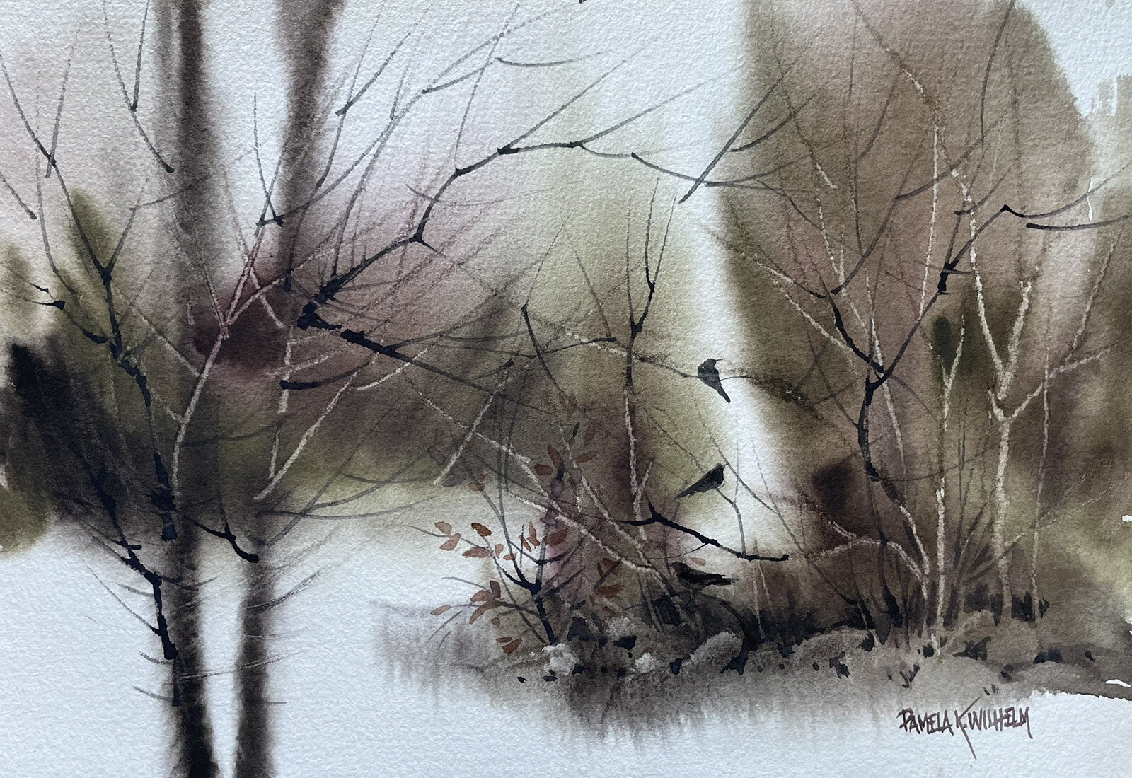 7.5”x10.5” Original Watercolor Pamela Wilhelm Ground Mist Birds Trees Leaves