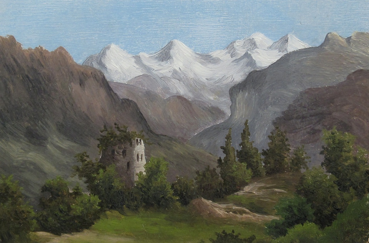 Antique German Romanticism Landscape, Ruins of a Castle in the Alps, Gouache