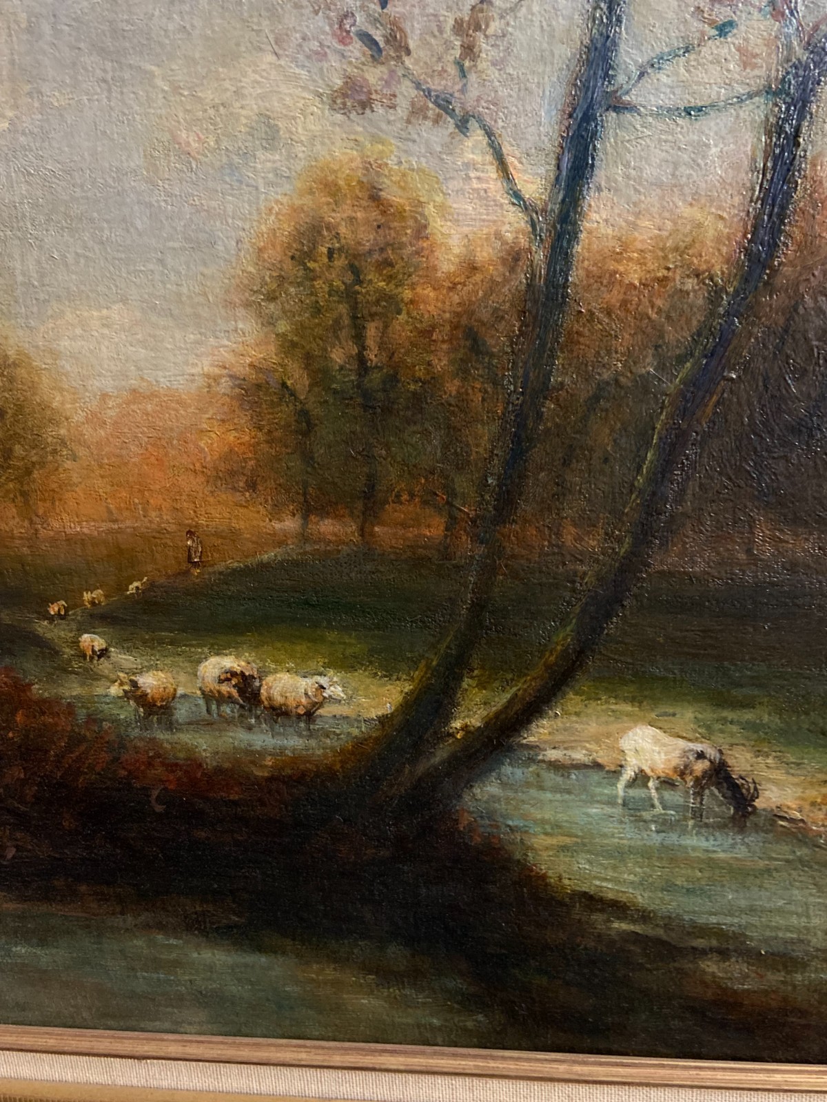 French School 19th Century Landscape Animated Shepherd & Sheep Herd Oil Painting
