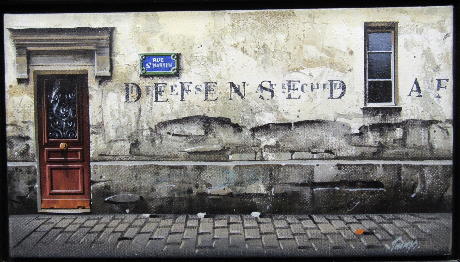Signed framed painting French street scene urban wall Rue St Martin 13×19″