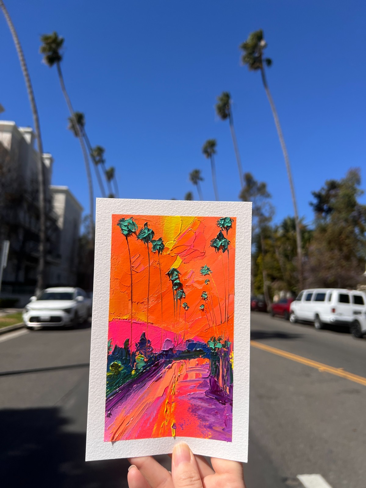 original oil painting fine art palm trees hollywood drive orange sunset pink new