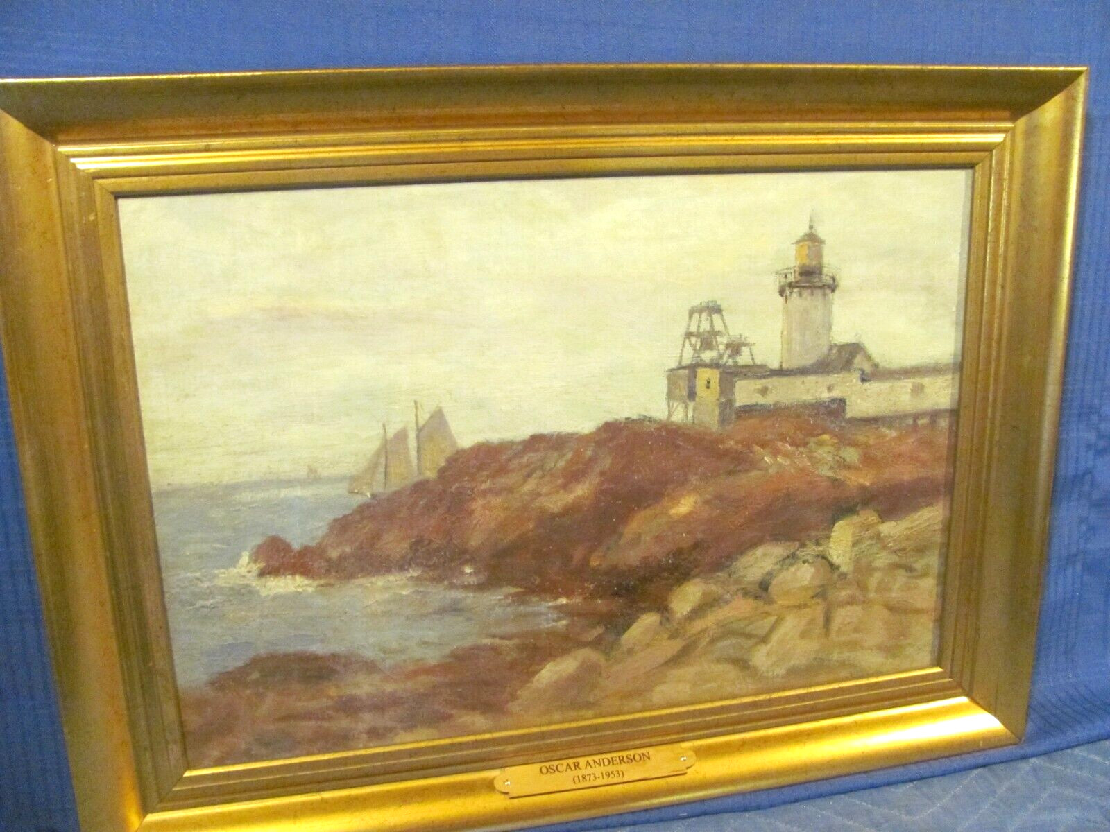 Vintage Oil Painting Eastern Point Lighthouse Gloucester, MA by Arthur Anderson