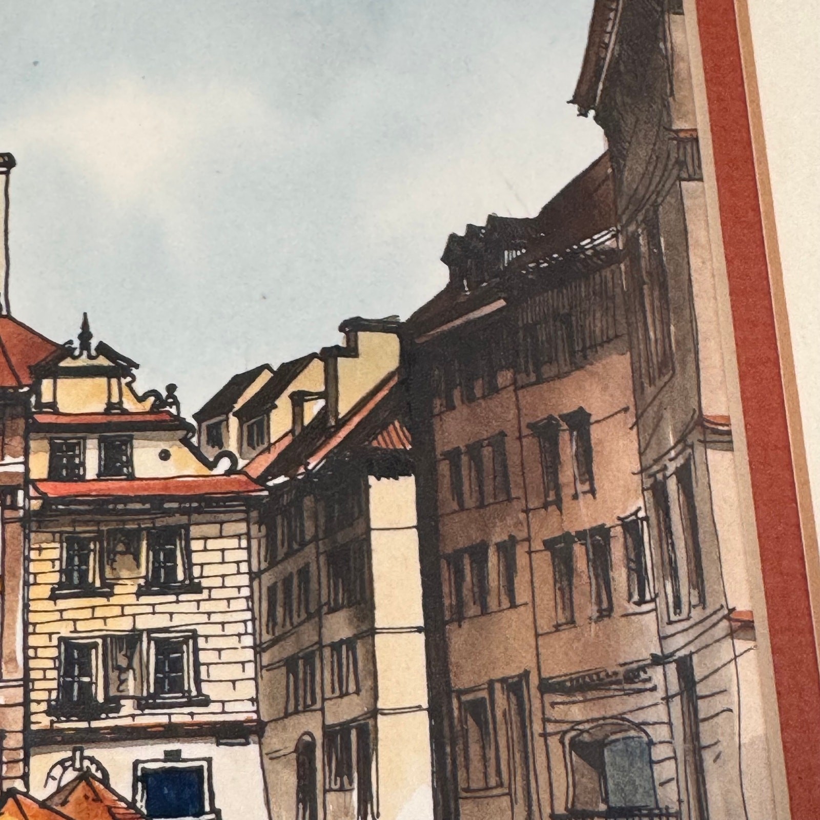 Vintage Original Watercolor & Ink European Cityscape Framed Art 1970