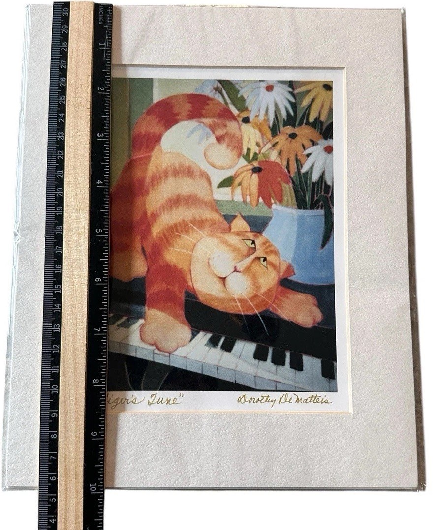 DOROTHY de MATTEIS Tigers June Signed Art Print Cat On Piano 5”x6” Framed 12×11”