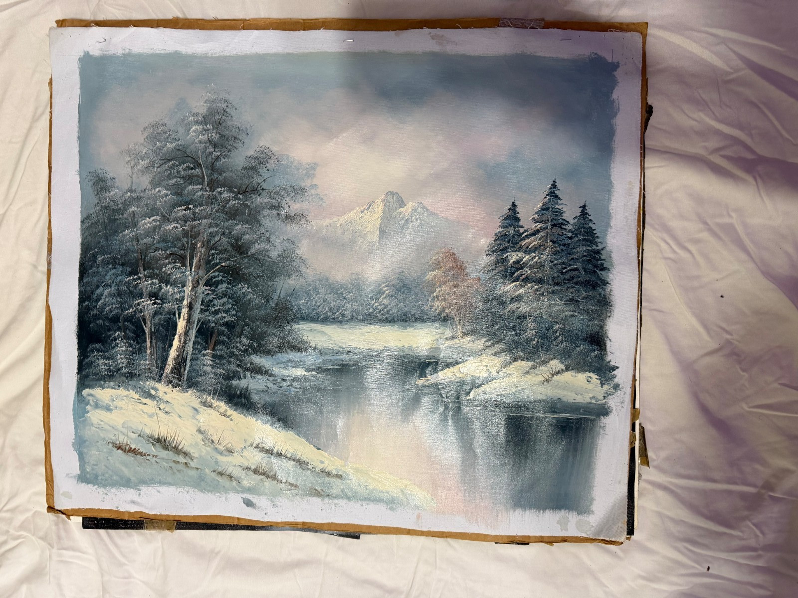 Vintage Winter Mountain Landscape Oil Painting Snow Forest Alpine Scenic Art