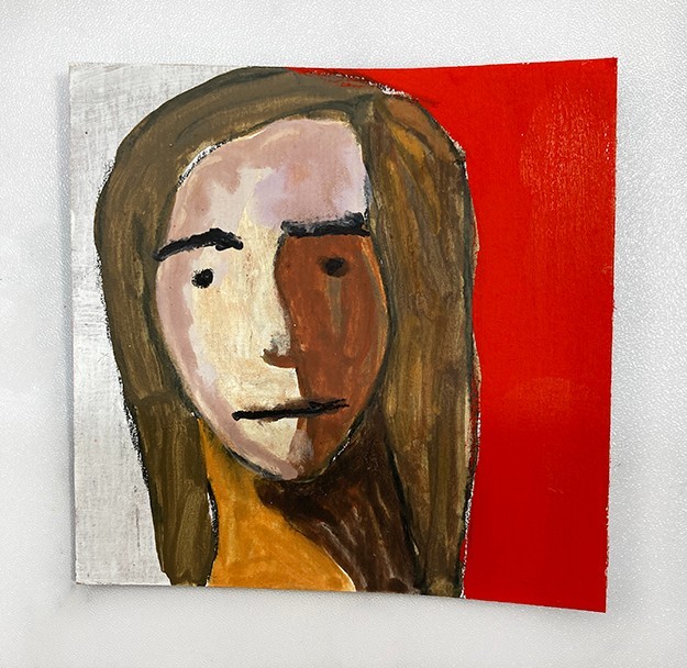 Original Woman Portrait Painting Quirky Red Naive Square Expressive Art