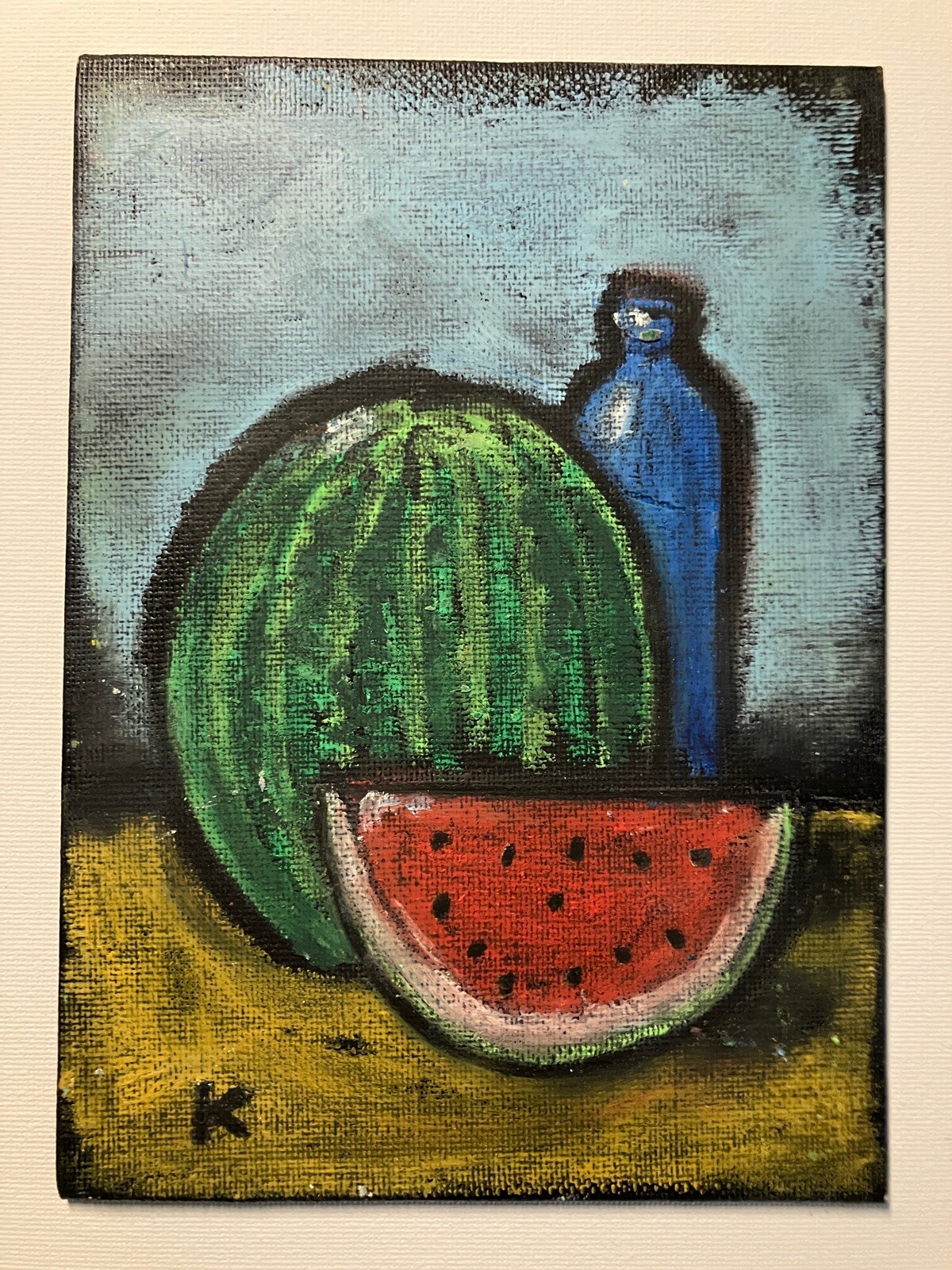 Original Still life Oil pastel Painting of Watermelon Half 5×7 Classic Style