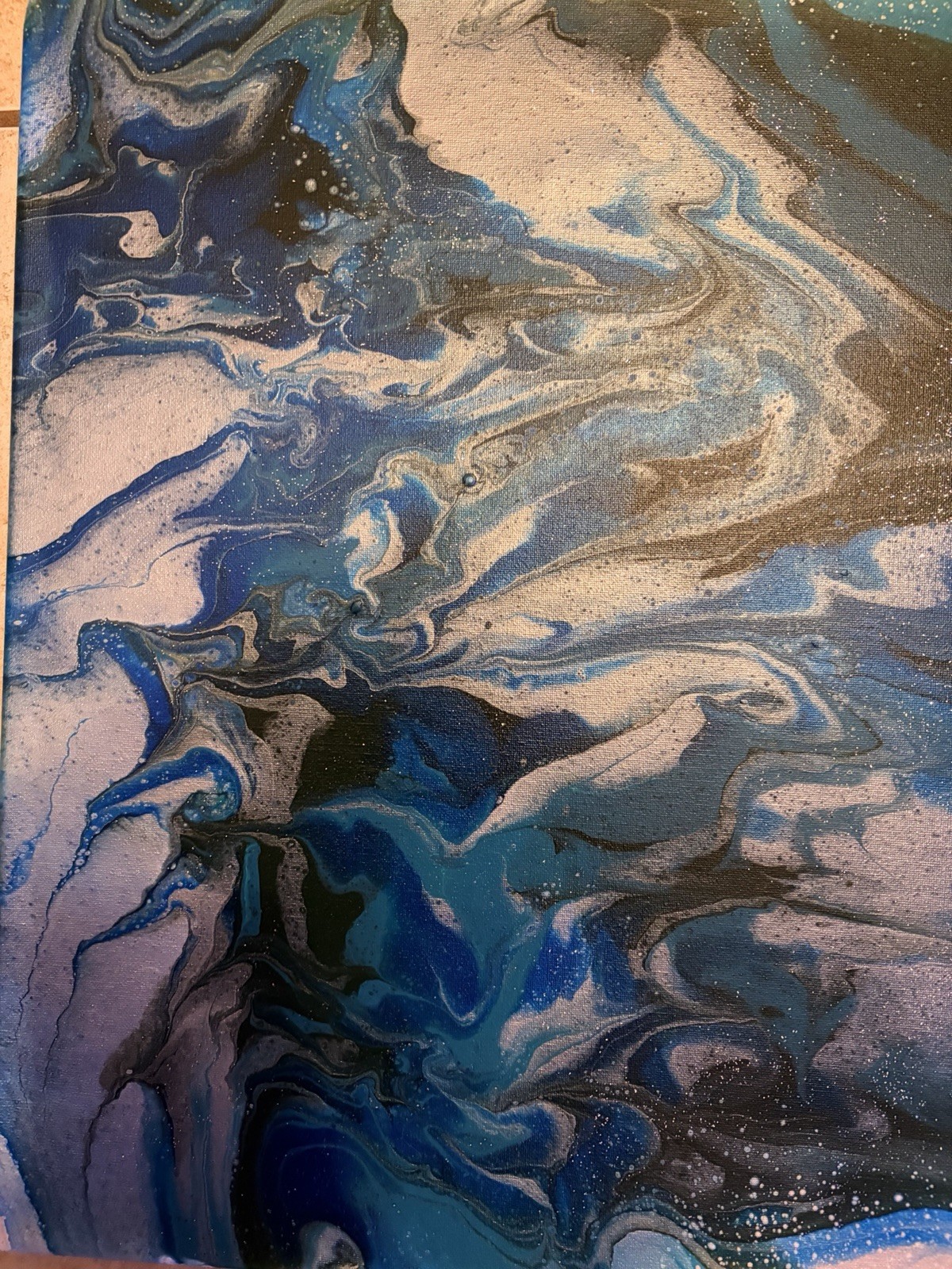 Abstract Fluid Art Painting on Canvas – Blue White Gray Swirl, Unframed