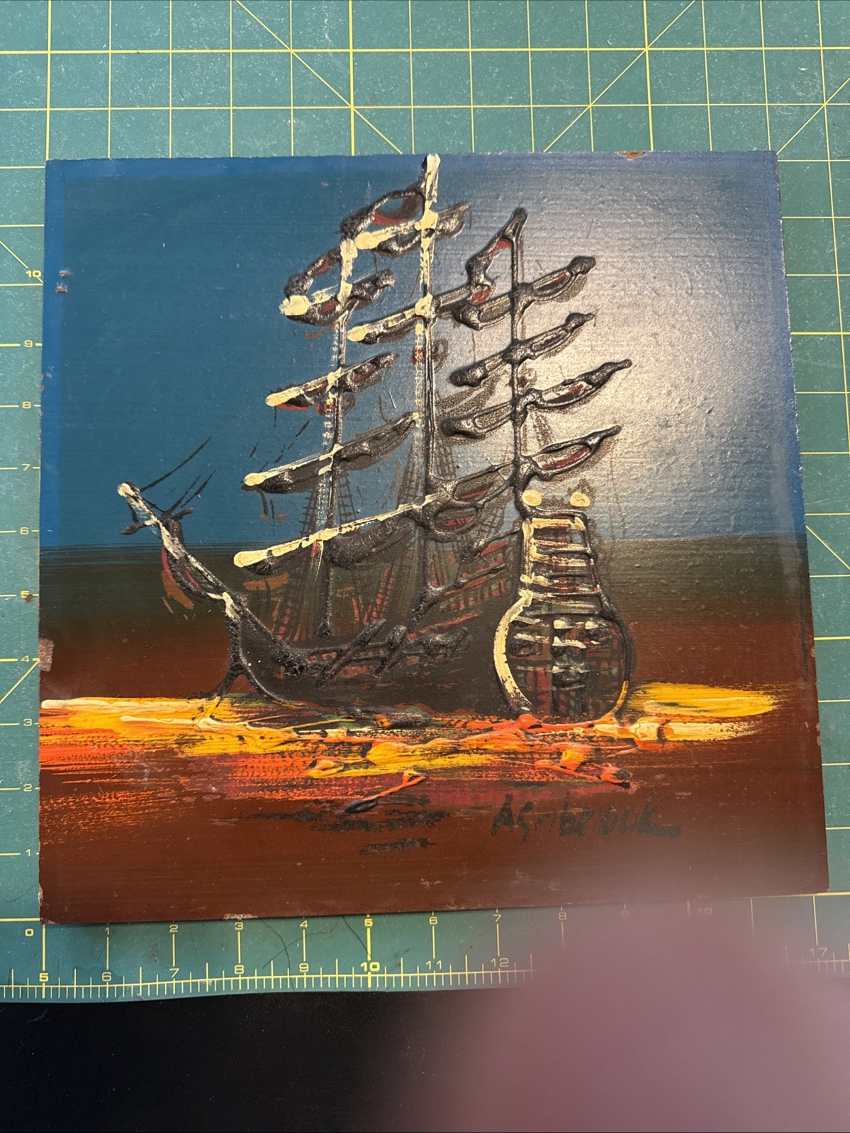 Vintage Textural Oil Painting Of Ship On Sea Abstract, Ash Brook, 12” X 12”,