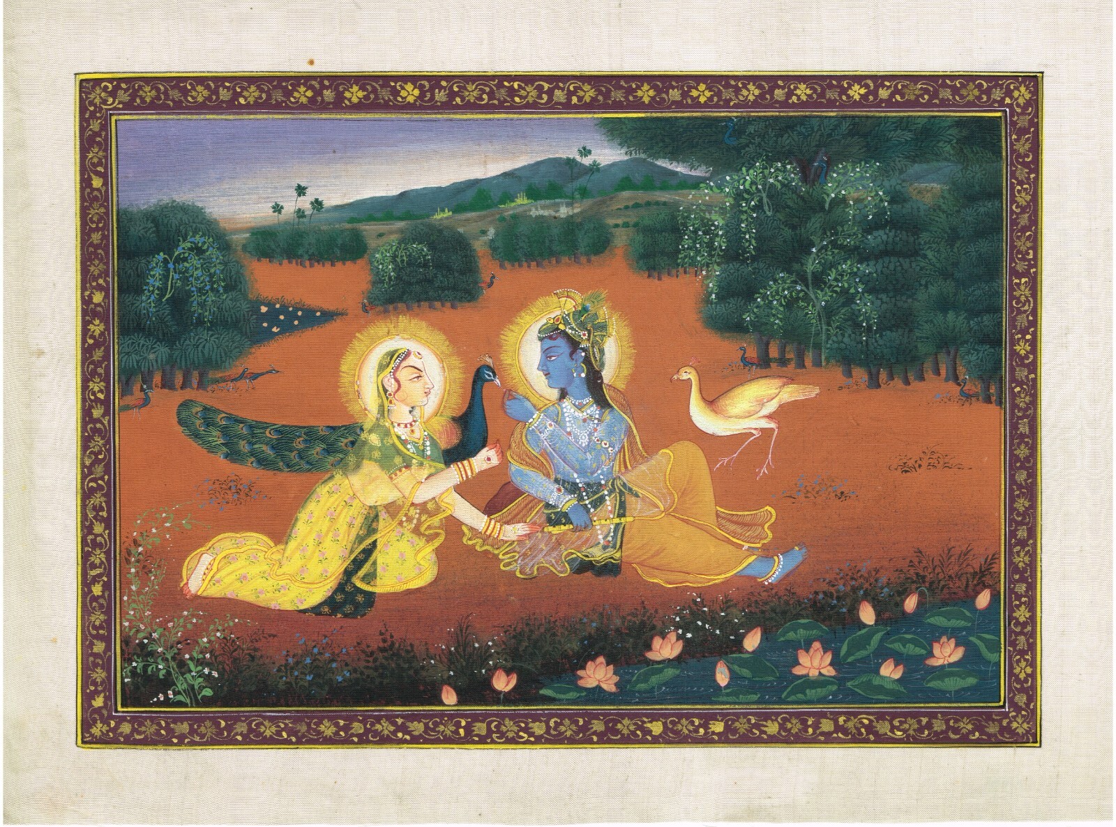 Indian Painting Of Radha Krishna Love Scene Art On Silk Cloth 11.5×7.5 Inches