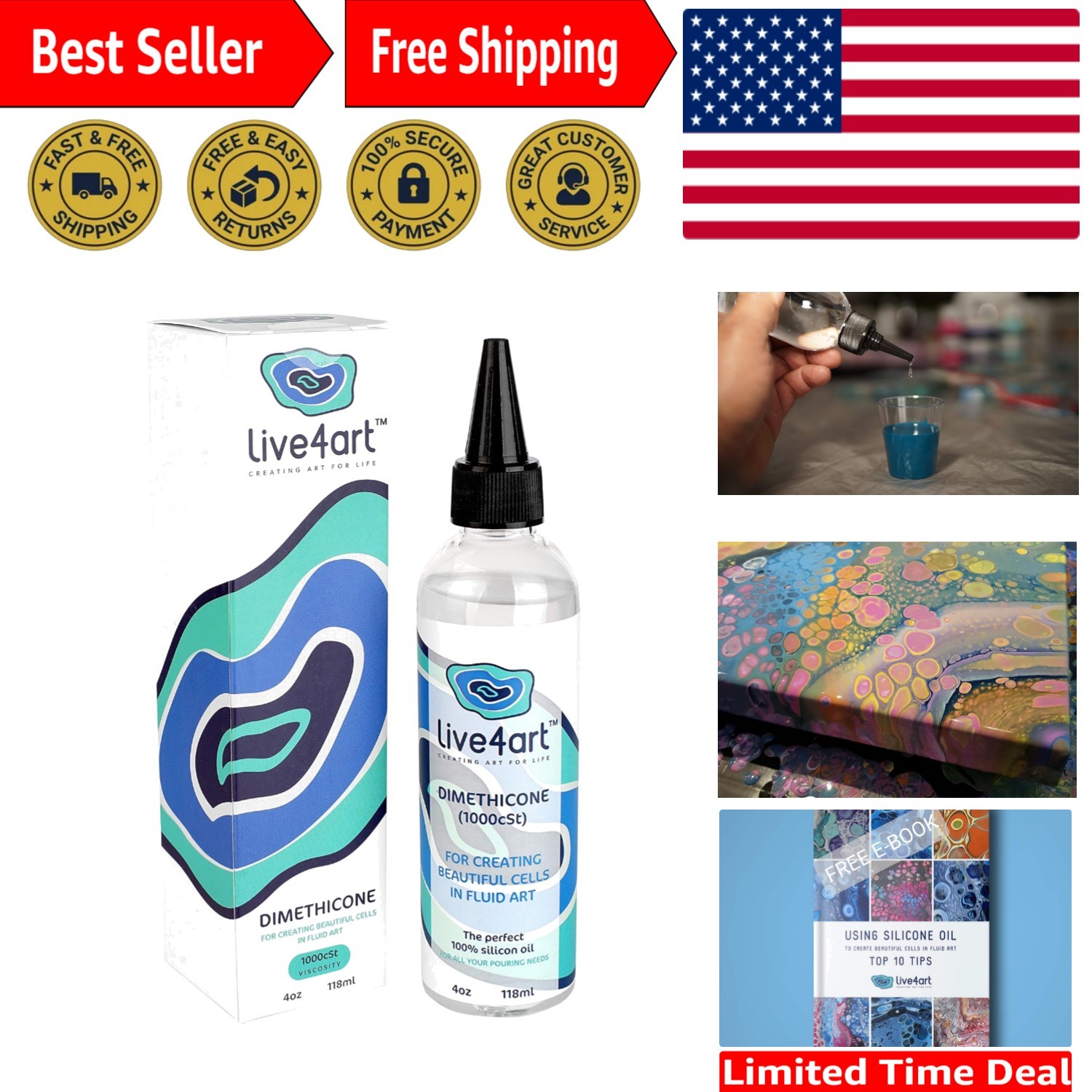 Artistic Pouring Silicone Oil, 4 oz Dimethicone, Non-Toxic – FREE E-Book Inside!