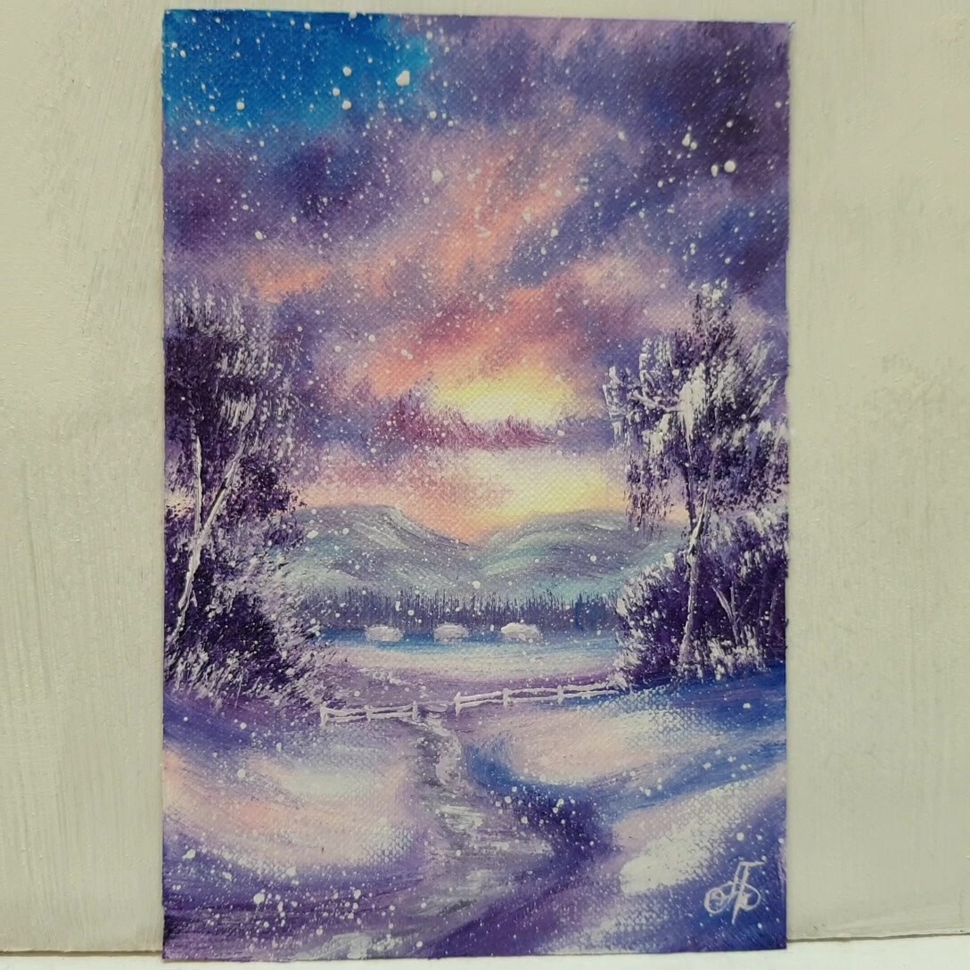 Winter Sunset Snowfall Landscape Cabins Mountains Path Holiday Decor Wall Art