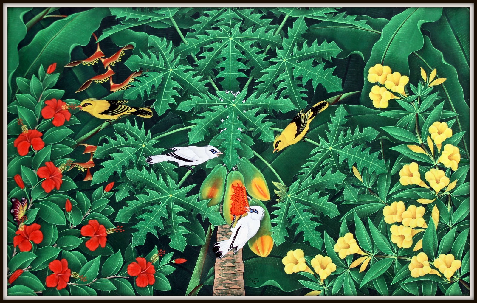 Original Balinese Painting «Yellow Birds & Starlings» (32.5″H x 52.5″W) Signed