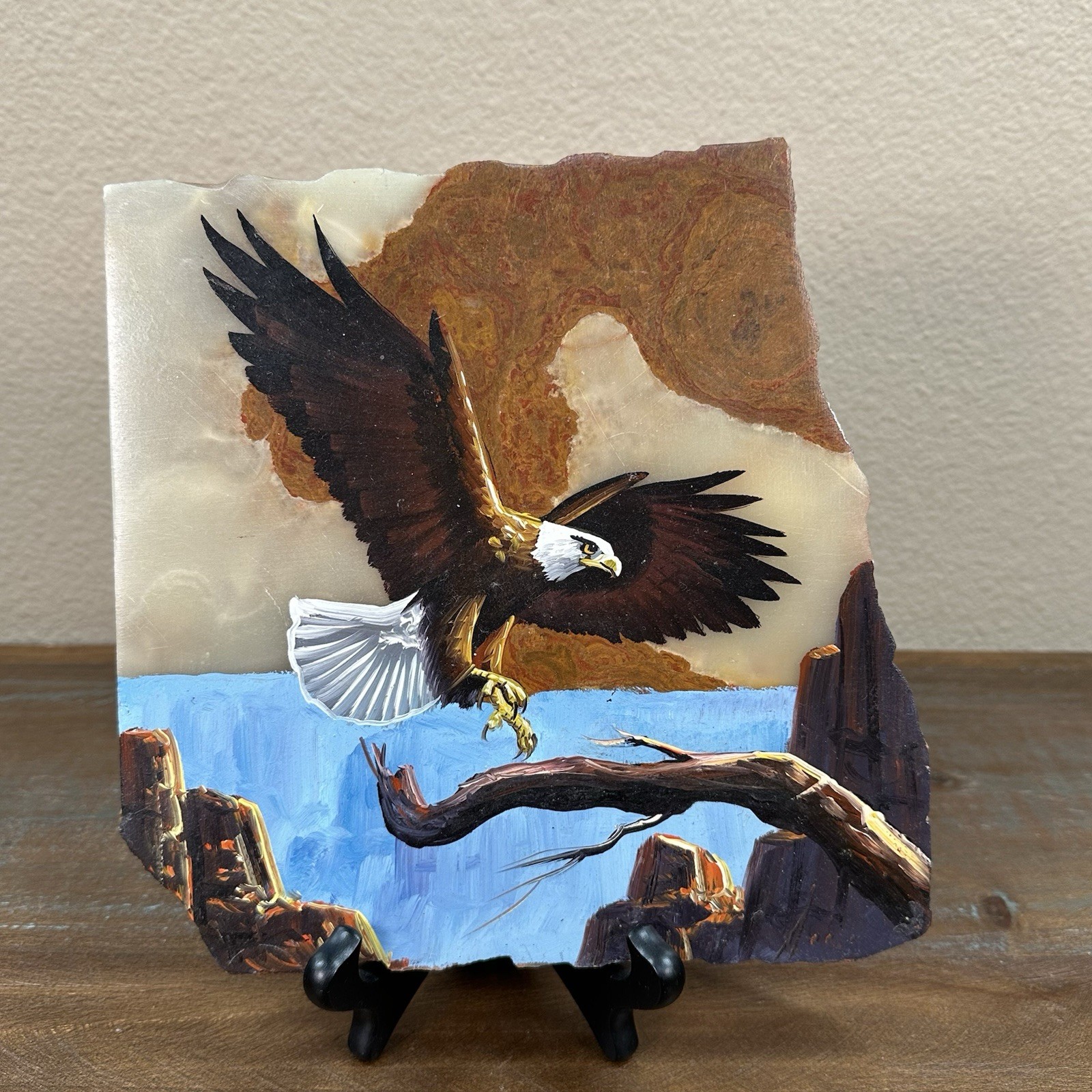 Flying Eagle Landing On Perch Painting On Stone Slab Native American Art Mexico