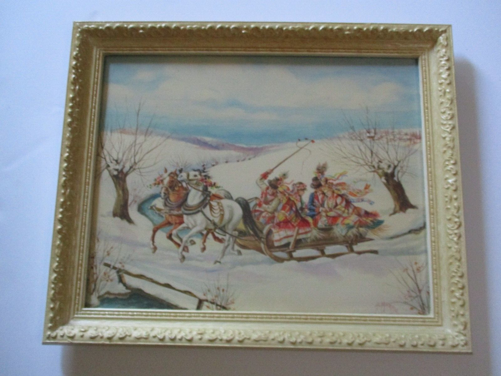 STELLA MURMAN PAINTING VINTAGE ANTIQUE POLISH LANDSCAPE WINTER SLED TOWN FAMILY