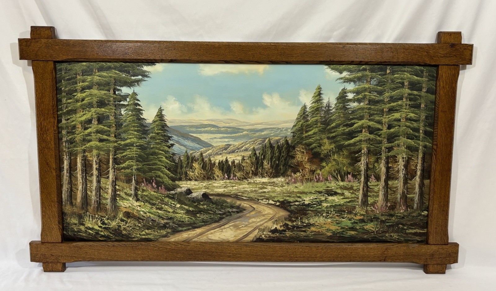 Vintage Original German Oil Painting Mountain Landscape Signed Framed 45″x23″