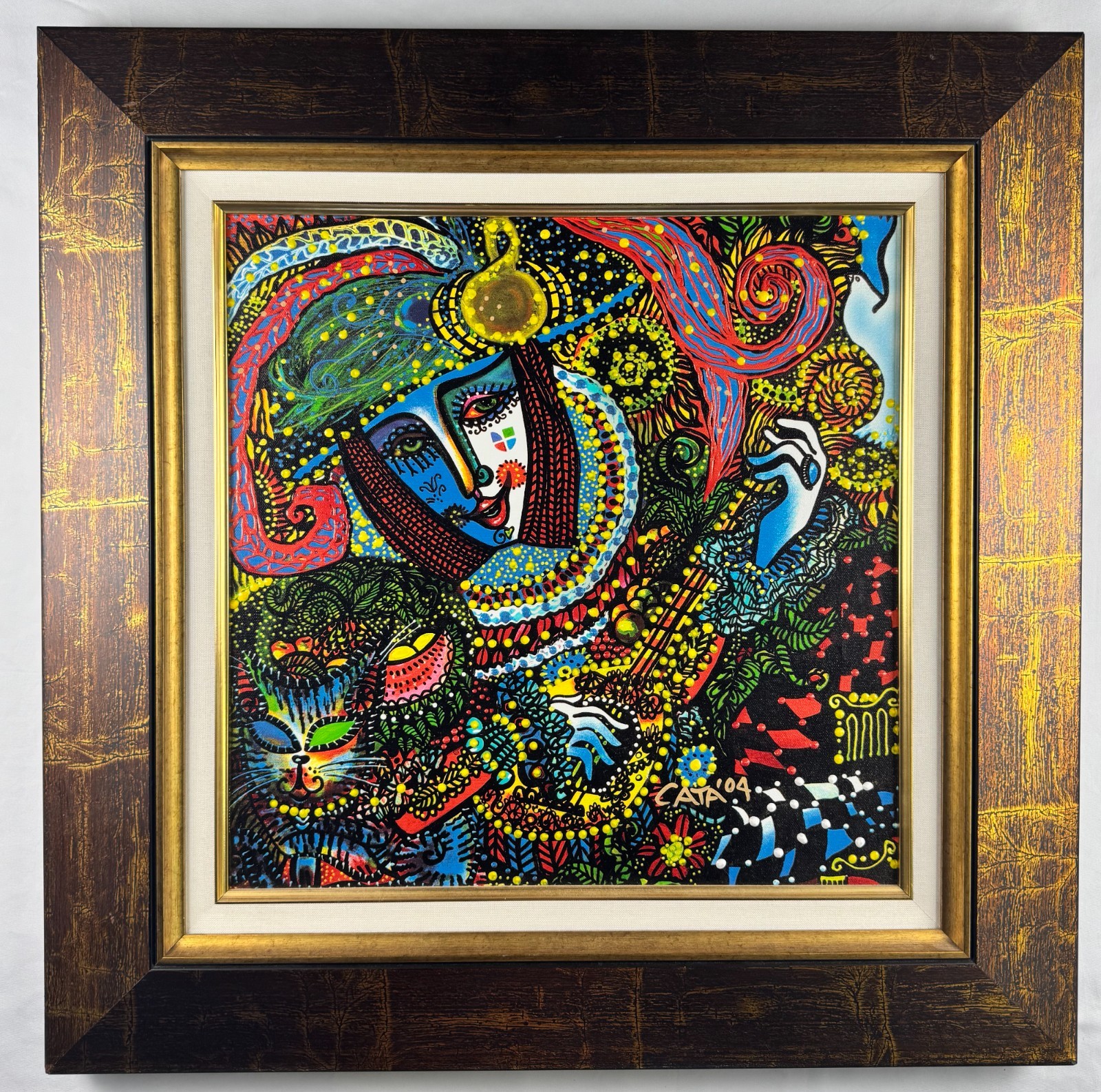 Hector Cata Signed 2004 Mixed Media Painting on Canvas 15″x15″