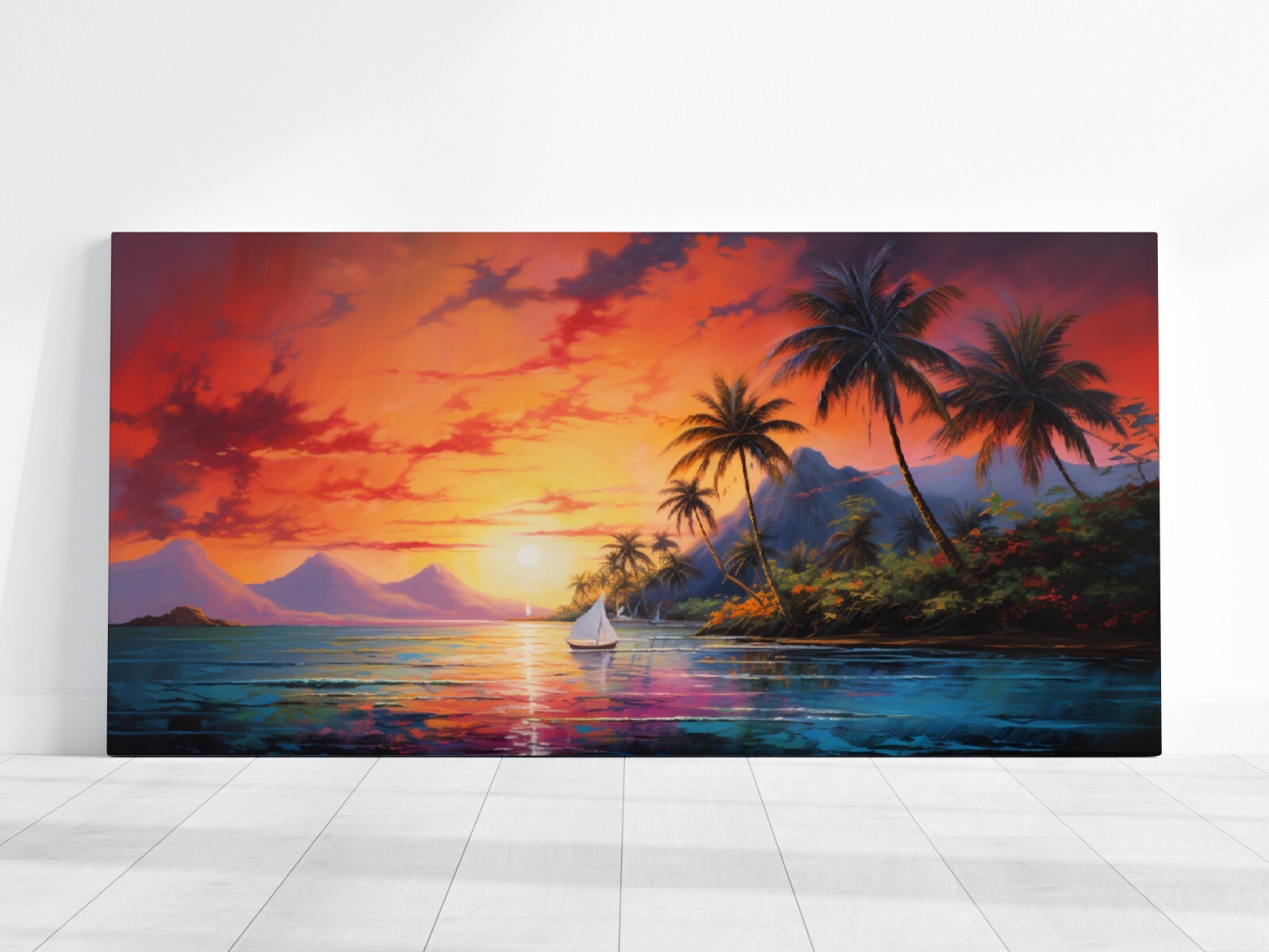 Hawaii Ocean Beach Palm Tree Tropical Mountain Wall Art Beautiful Boat Painting