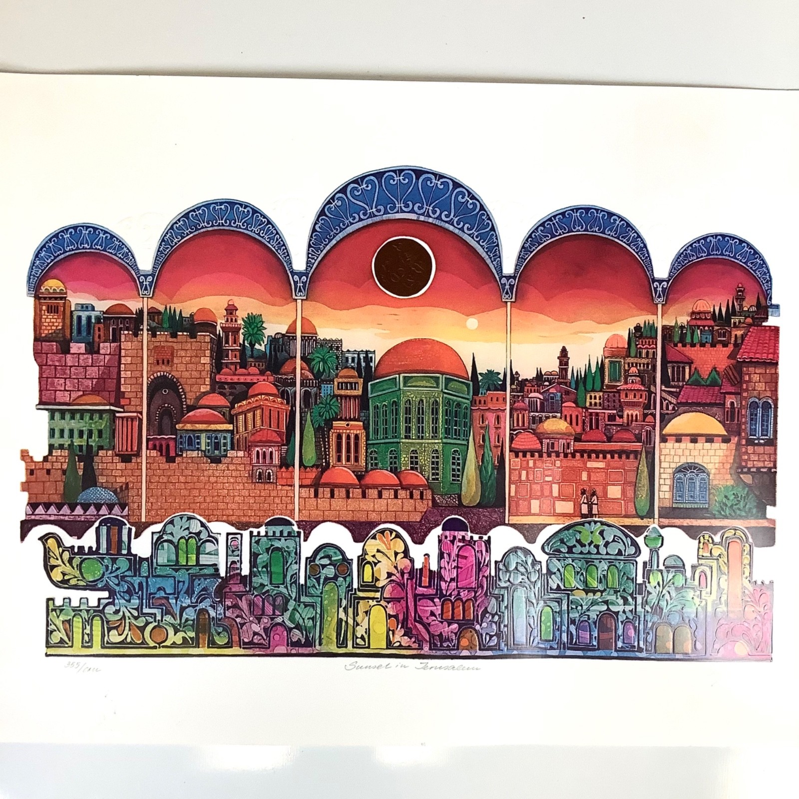 Sunset in Jerusalem Embossed Copper Foil Hand Signed Lithograph Amram Ebgi 14×19