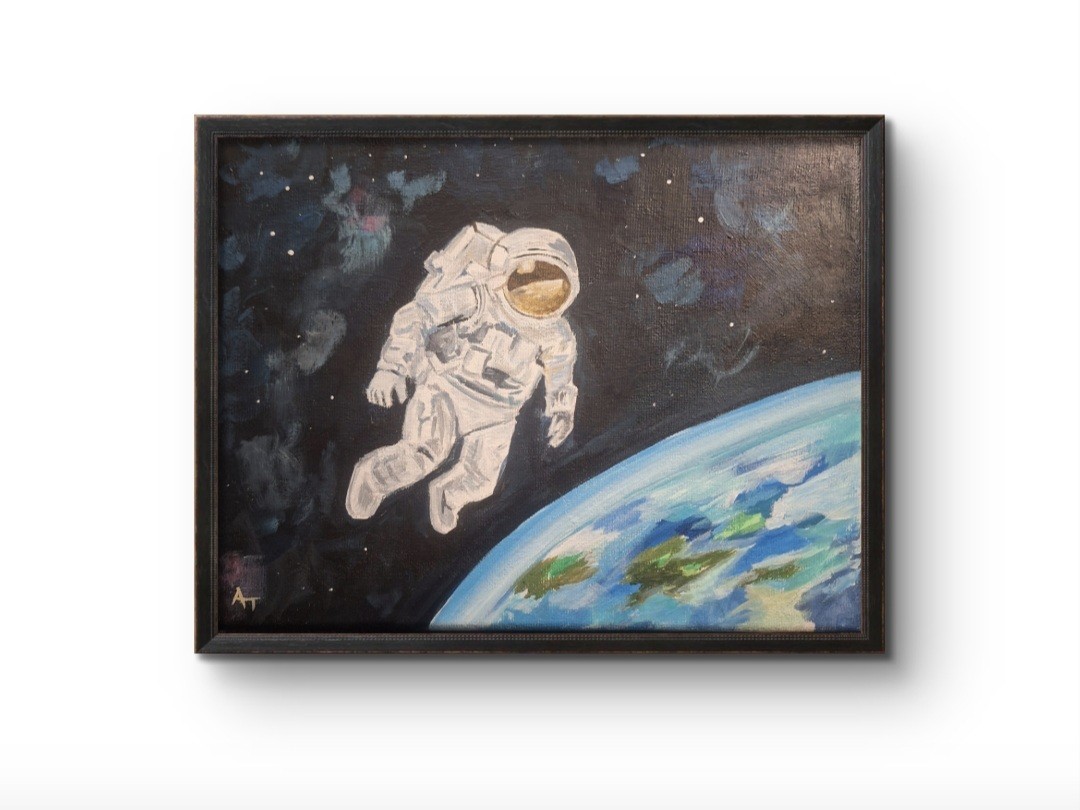 Original Signed Floating Astronut Acrylic Canvas Contemporary Earth Tone Art