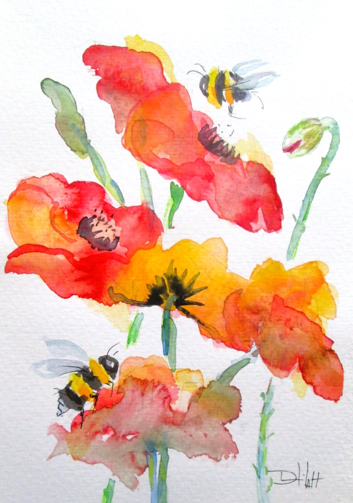 Delilah poppies bees garden watercolor original impressionism art