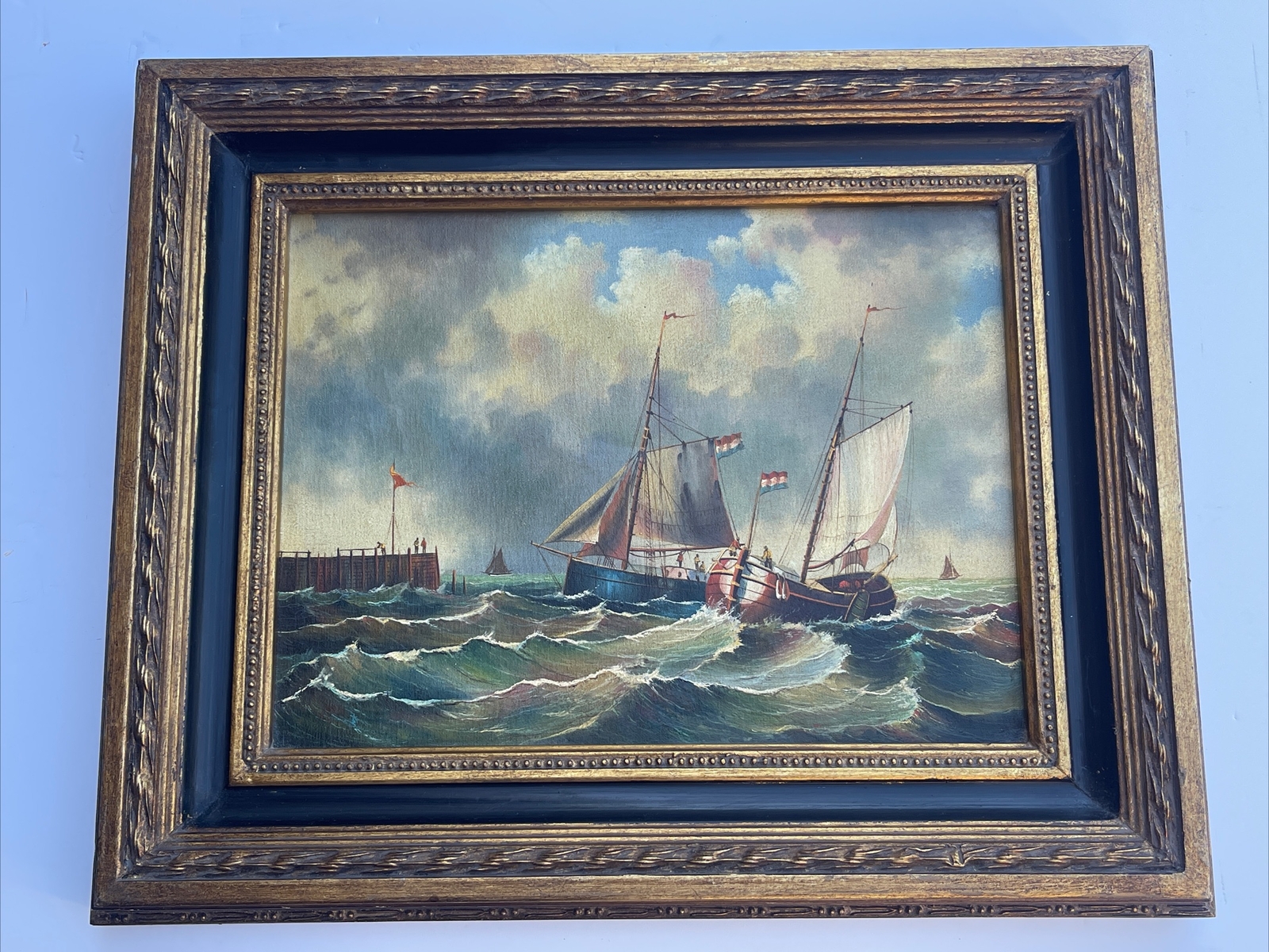 ANTIQUE NAUTICAL SHIP PAINTING BOAT SEASCAPE VINTAGE MYSTERY ARTIST