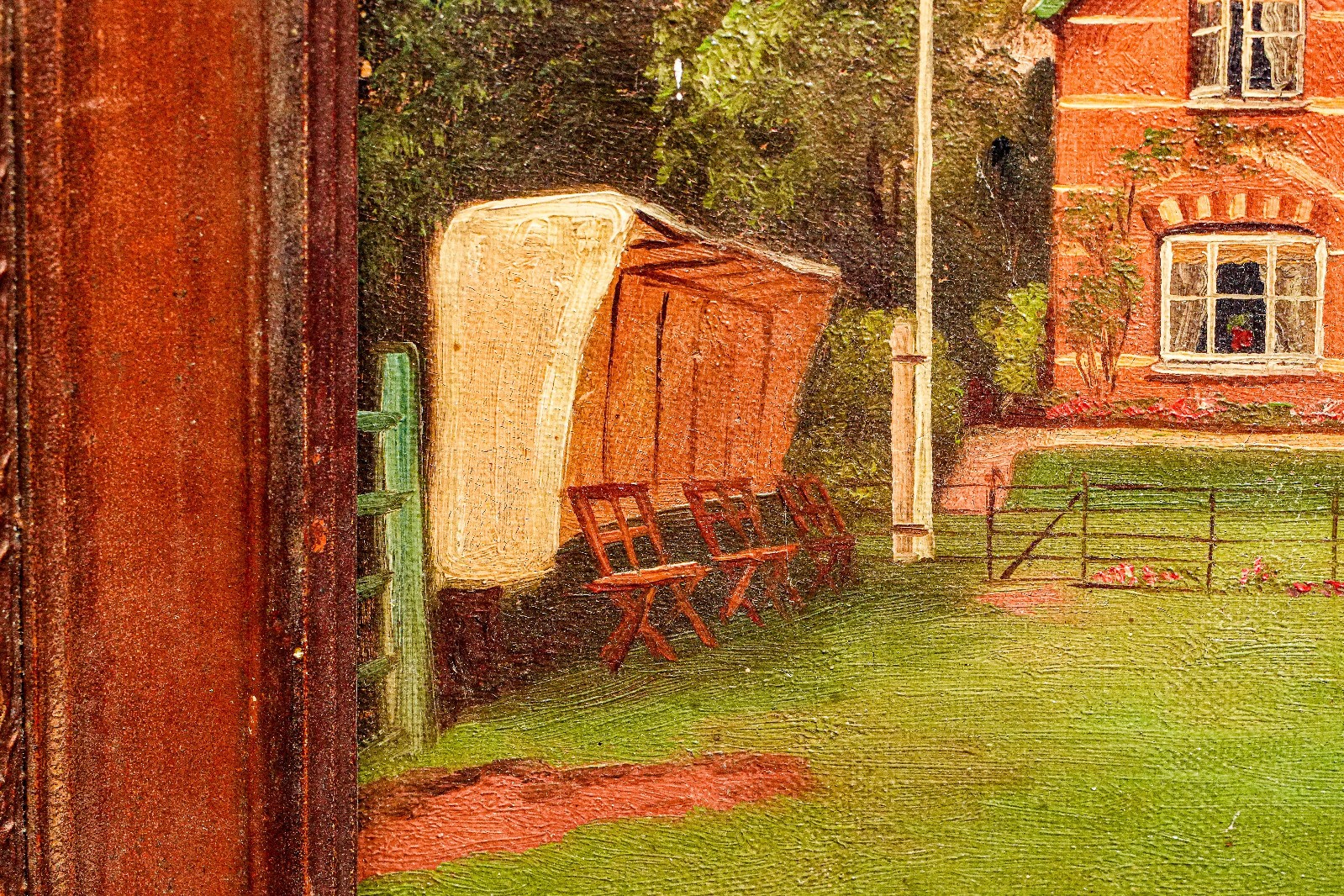 Charming Antique Framed Oil Painting English Cricket Pavilion Sports Victorian