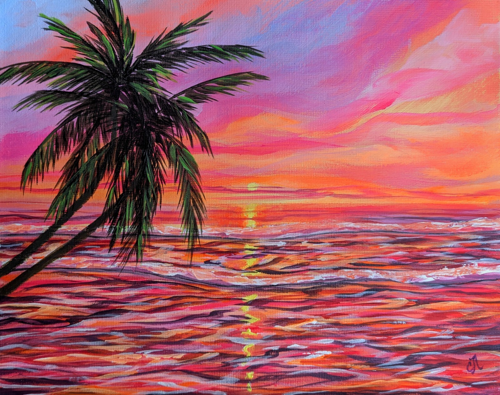 Tropical Beach. Original Painting On Canvas. Coastline Landscape. Ocean Sunset