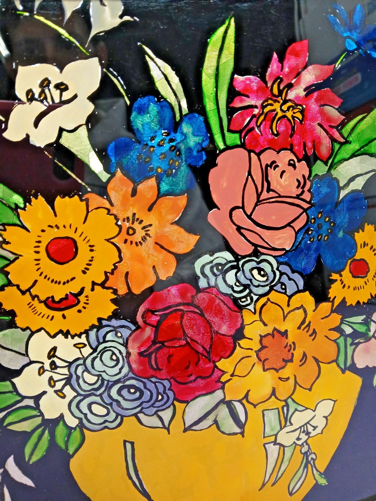 VINTAGE 1958 TINSEL REVERSE GLASS FRAMED PAINTING FLORAL BOUQUET FOLK ART NICE