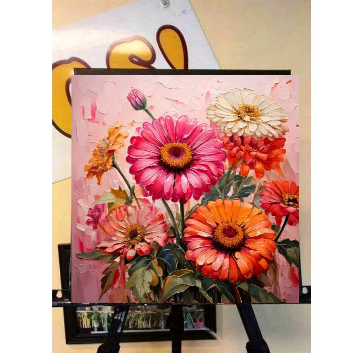 ORIGINAL Oil PAINTING on Canvas Zinnia Textured Art 12×12 in Custom Order