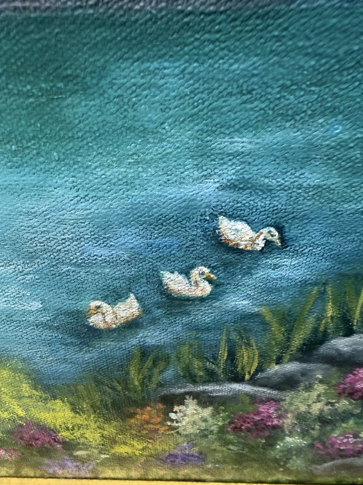 Original Signed Landscape Oil Painting Lake Swans Floral Garden Gold Frame 24×18