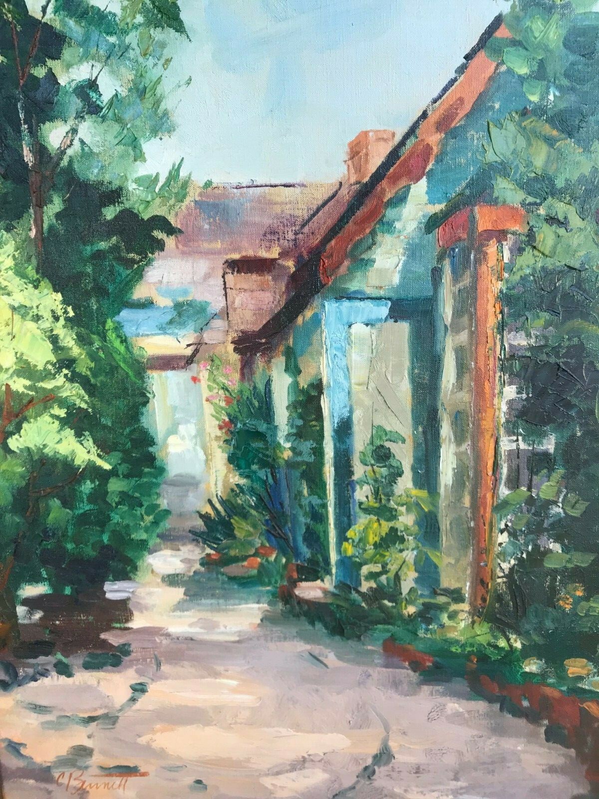 C BURNETT Original IMPRESSIONIST LANDSCAPE HUGE VINTAGE Signed Framed Oil Canvas