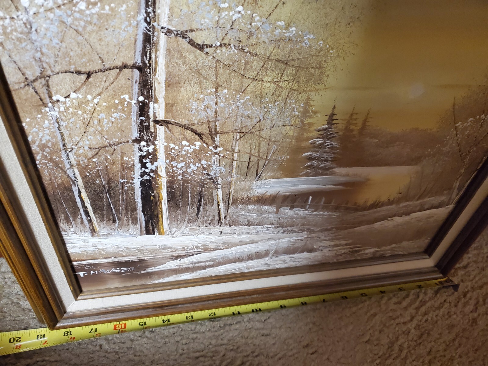 Winter Landscape Scene Hansen Wood Frame 19×15.5″ Tree Lake Snow Pine Forest Sun