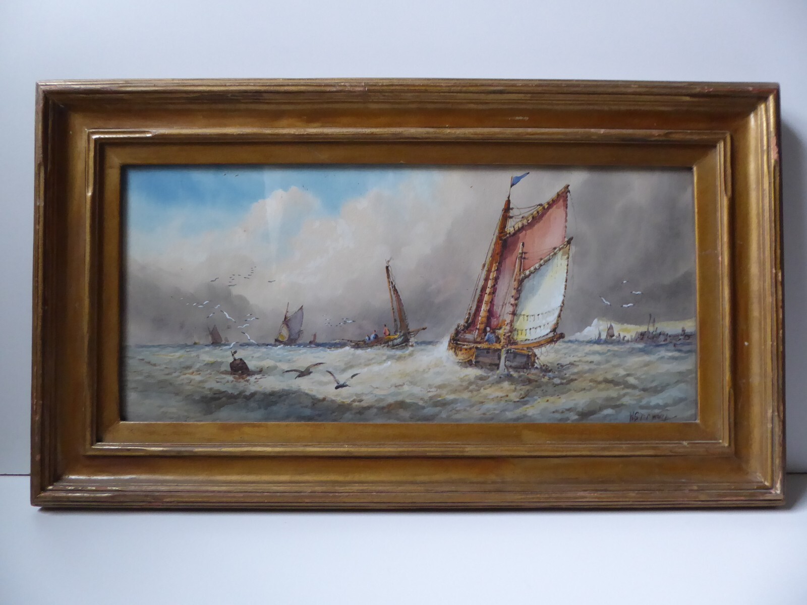 Antique Painting W. Stewart 1823-1906 Sailboat Nautical Sailing Watercolor