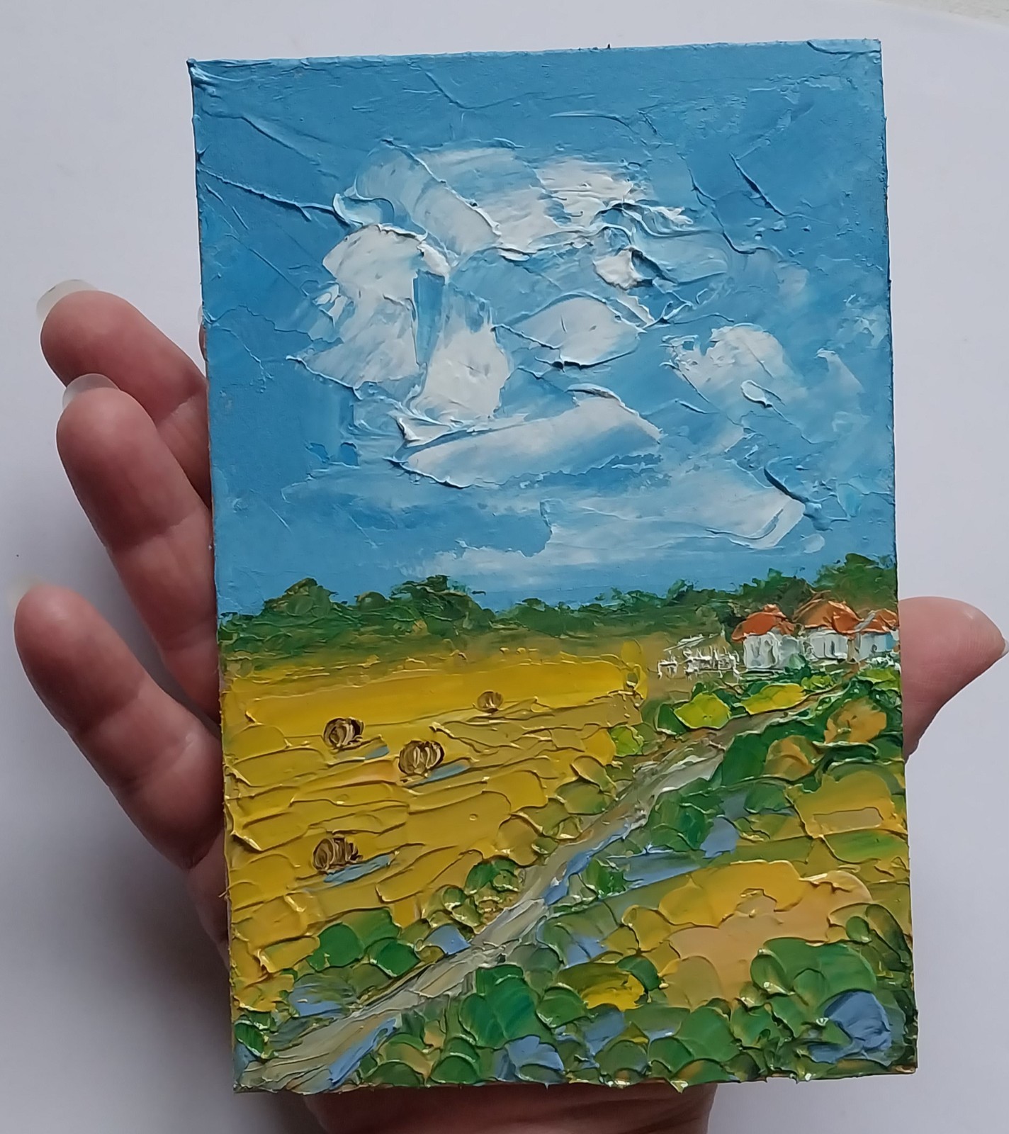 Framed Countryside Farmhouse Landscape Hay Bales Field 4×6 Original Oil Painting