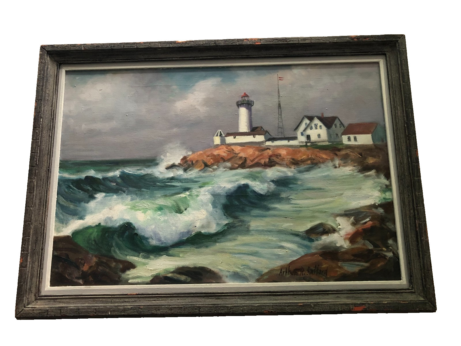 Oil painting on canvas Eastern Point Light E. Gloucester Mass Arthue R Safford