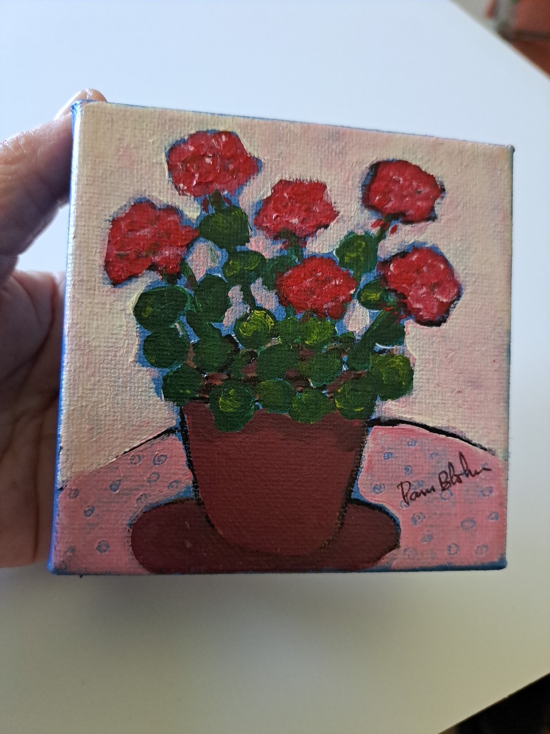 Potted Flowers «Red Geraniums » Original Acrylic Painting On Canvas 4″