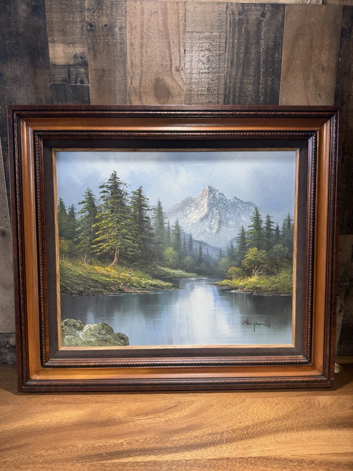 Vintage Signed Chapman Oil Landscape Painting Framed Mountain Lake Scene 32”x28”