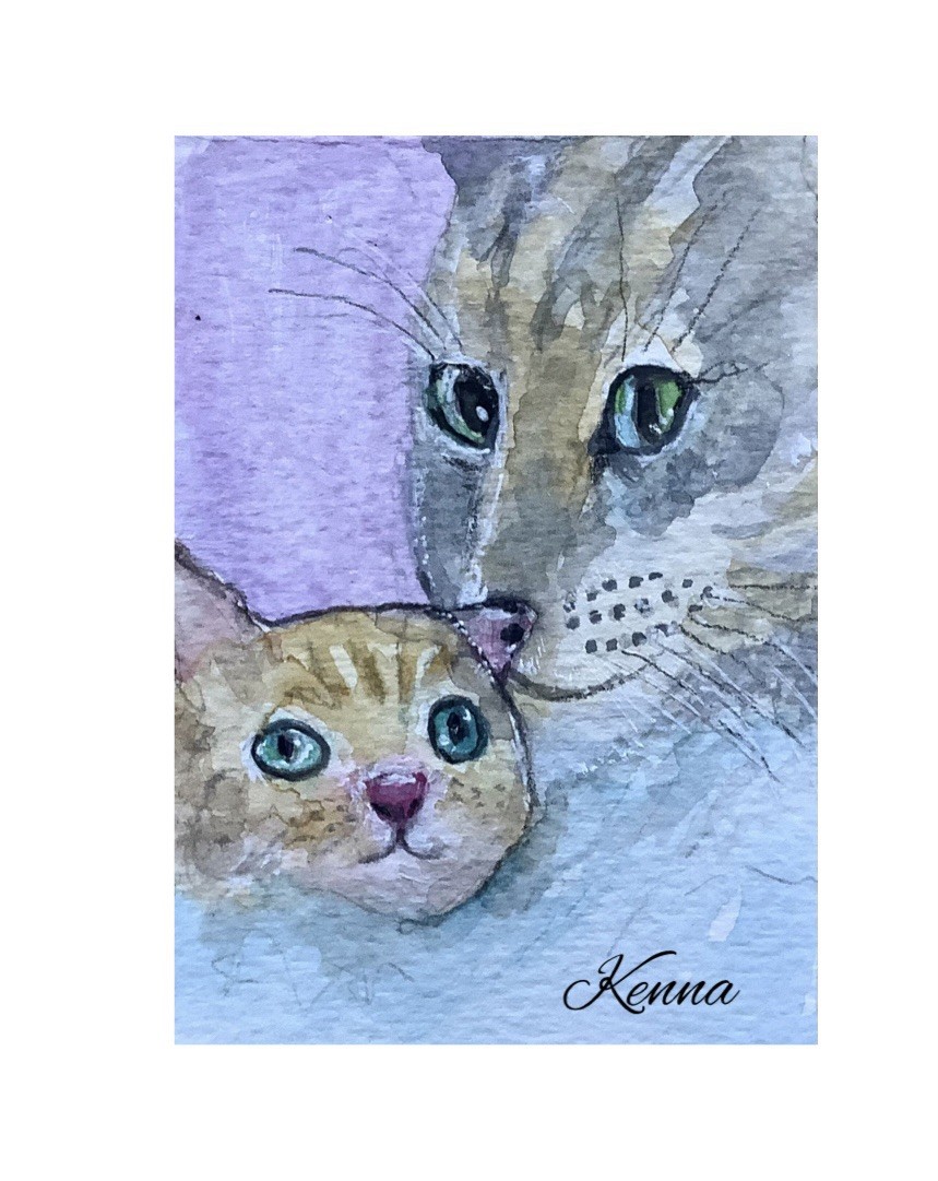 ACEO By Kenna Original Painting Watercolour Cats 2.5” X 3.5” Signed ATC