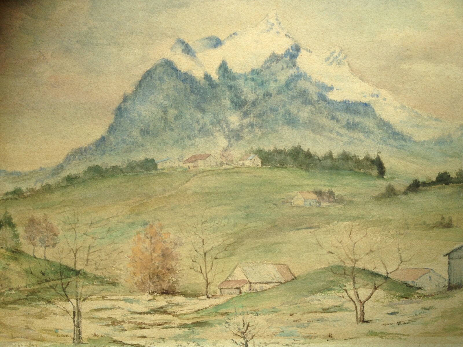 Aquarell Landschaft Mit Schneebedeckten Bergen