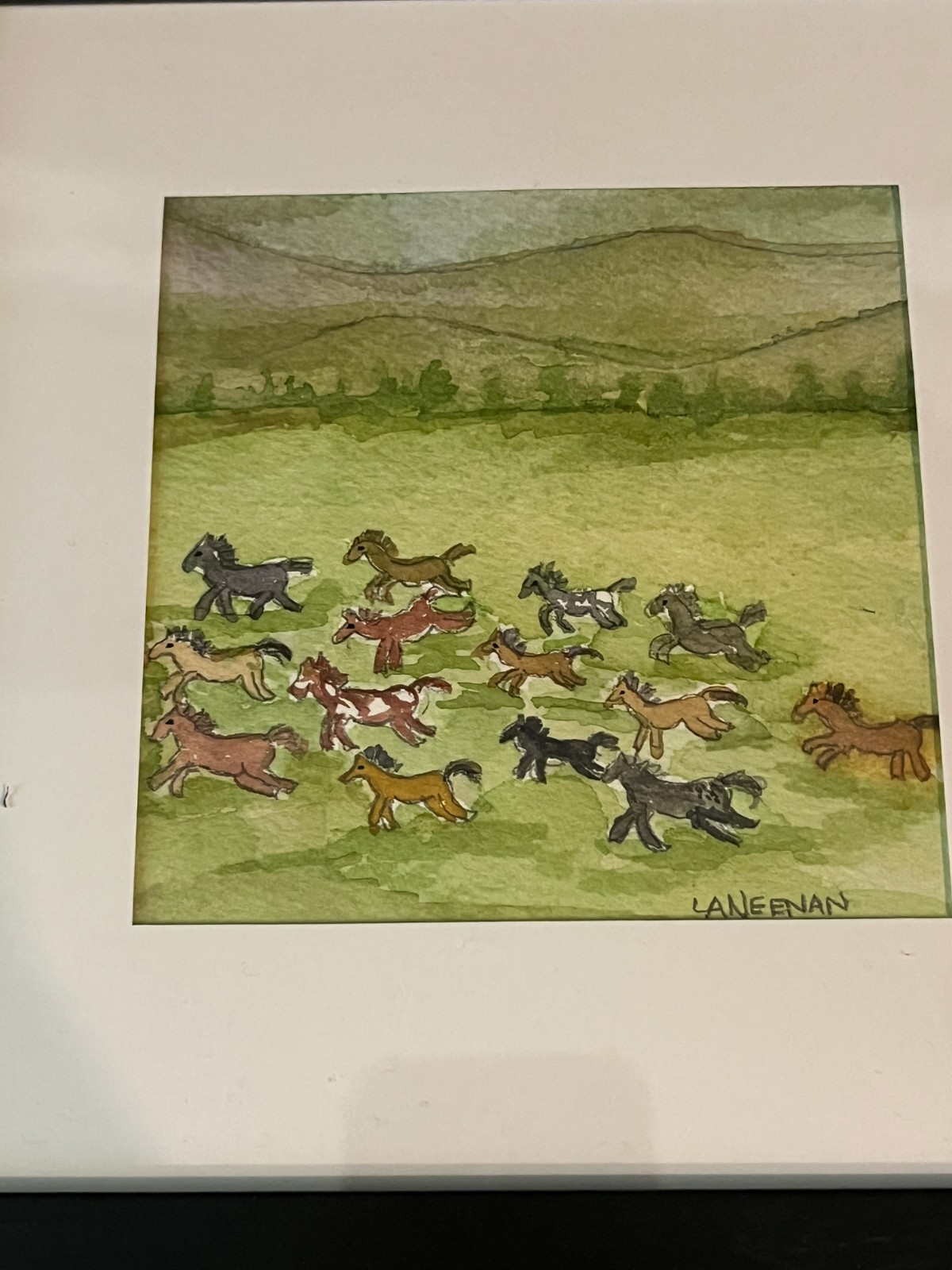 Horses Galore Orig. Watercolor Mini Folk Painting Matted, Framed and Signed 3