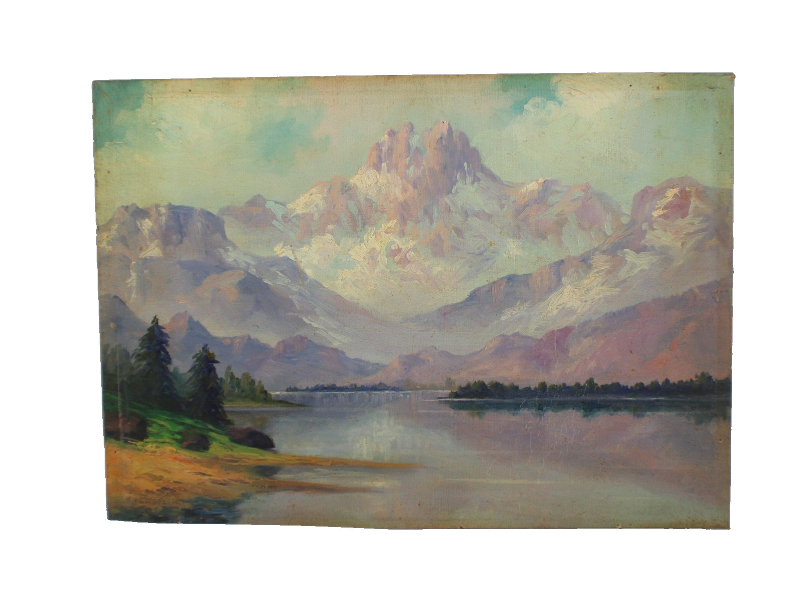 Antique Gem Snow Capped Mountain Lake Small Landscape Oil Painting Unsigned