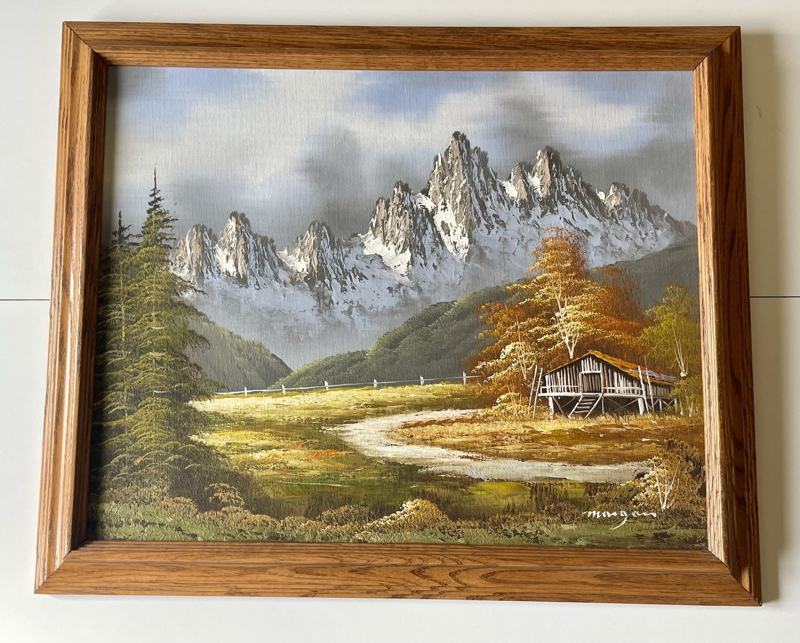 Vintage Original Oil Painting Mountain Landscape Signed MORGAN Framed 19×23.5″