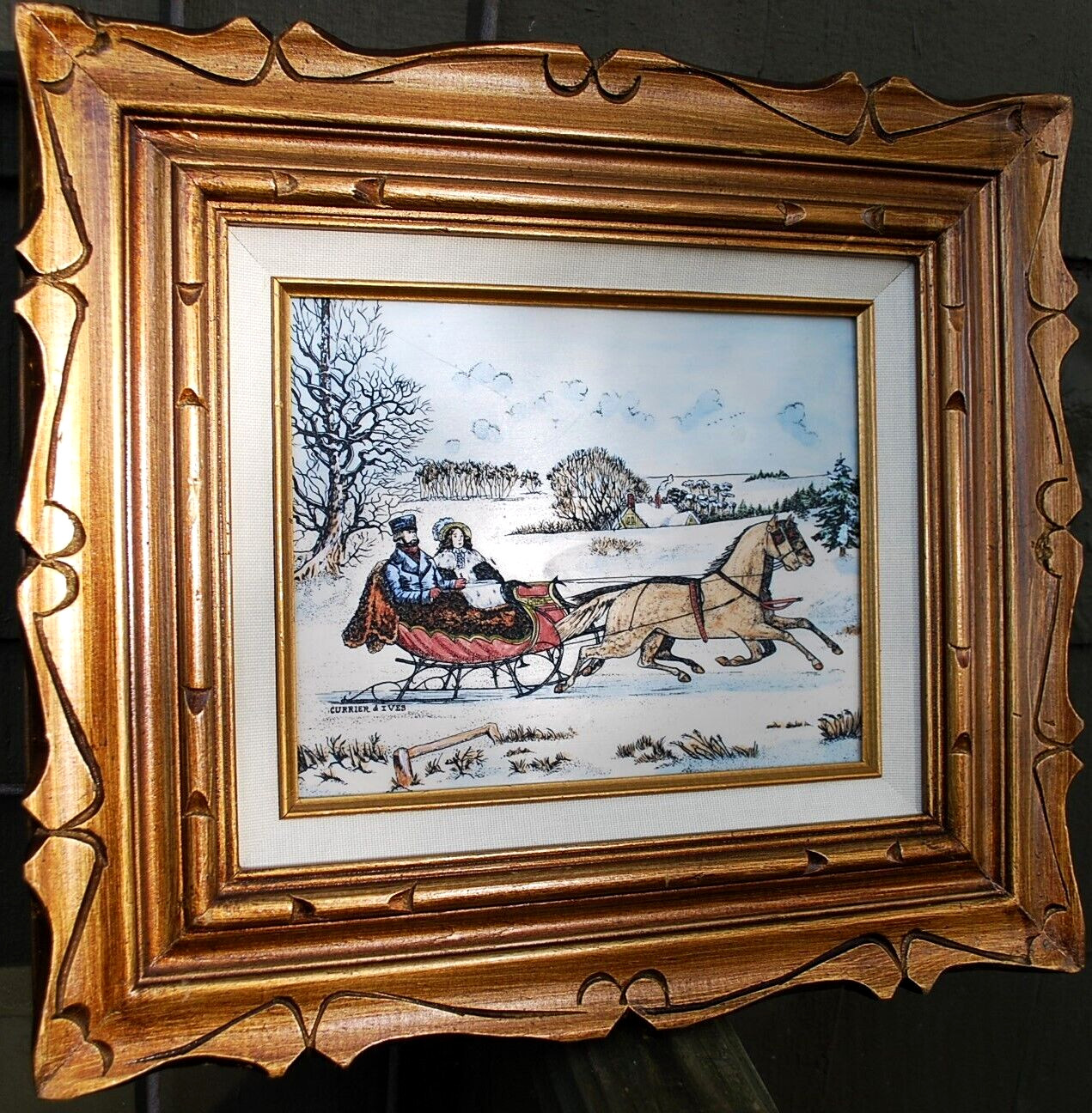 Hand Colored RARE Currier & Ives ARTINI ENGRAVING ‘THE ROAD WINTER’ Framed 17.5″